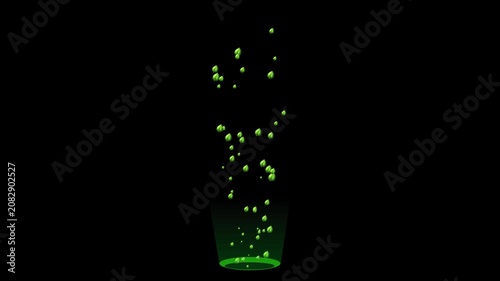 Green leafs glowing particles rising from a circular base abstract energy effect for science and technology concepts isolated on black background