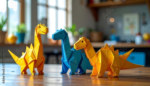 Origami dinosaur figures in bright colors on wooden surface