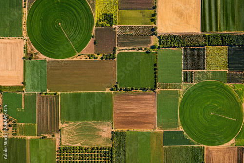 High-Resolution Drone Aerial View of Colorful Agricultural Farmland with Geometric Crop Patterns, 8K