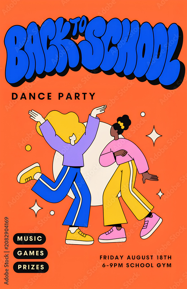 Obraz premium Colorful Back to School Dance Party Flyer with Kids Dancing and Music Illustration