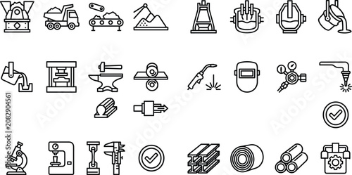 Bild auf Leinwand Metallurgy and Heavy Steel Industry Line Icon Set with Metal Foundry Furnace Wel
