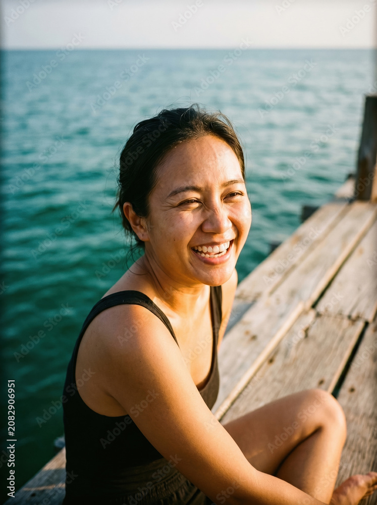 Fototapeta premium Young woman laughing while sitting on a wooden pier by the sea with warm sunlight. The subject conveys joy and relaxation near water in a casual summer setting.