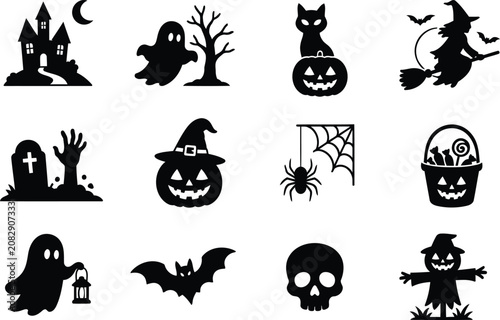 Halloween Black Silhouette Collection – Ghost, Bat, Skull, Haunted House, Witch, Pumpkin, Owl, Spider Web Vector Set