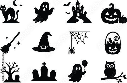 Halloween Black Silhouette Icon Set – Ghost, Pumpkin, Haunted House, Skull, Bat, Witch, Spider Web Vector Collection