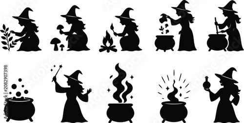 Halloween Black Silhouette Icon Set – Witch, Ghost, Pumpkin, Haunted House, Skull, Bat, Cat, Cemetery, Spider Web, Cauldron, Minimal Vector Collection