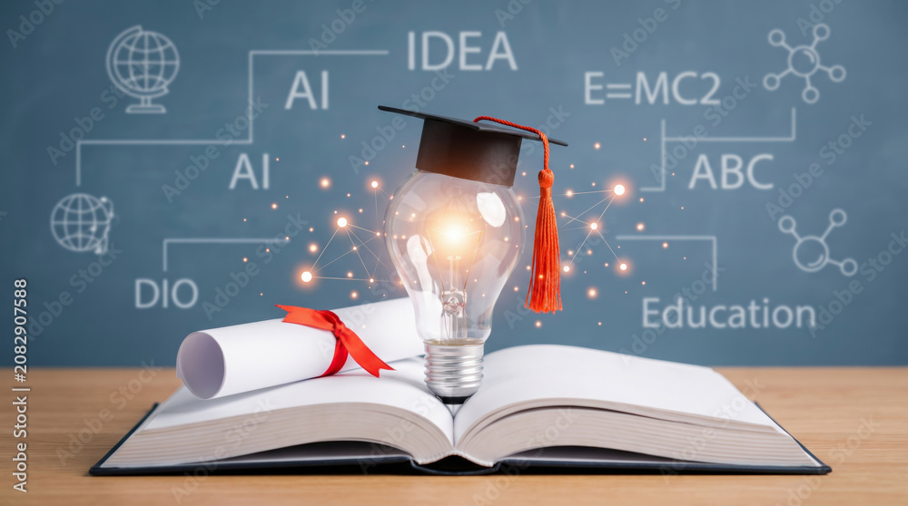 © AucArtStudio - Ai e learning idea education lightbulb concept knowledge growth innovation. AI digital education technology innovation. online cyberspace e-learning, student cognition learning study training