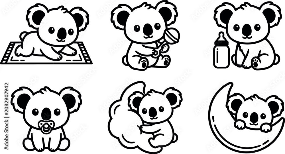 Naklejka premium Black and white cute baby koalas with rattle bottle pacifier moon
