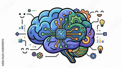 Stylized brain with circuitry gears and happy faces