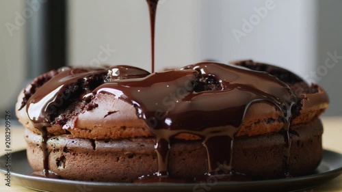 Pouring rich melted chocolate over a decadent chocolate cake