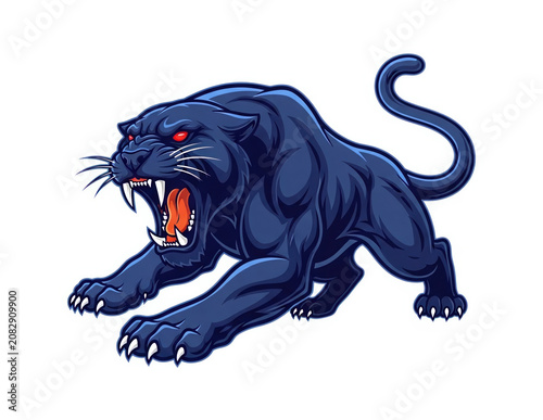Aggressive black panther roaring with sharp teeth red eyes fierce wild animal cartoon style