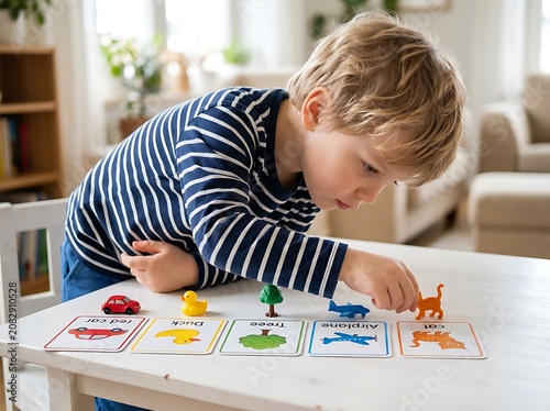 Young boy playing with colorful toy animals on table.