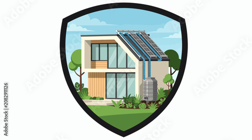 Eco House with Solar Panels and Water Tank - Green Energy Concept Illustration