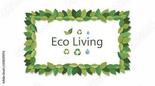 Eco Living Concept: Green Leaves Frame, Recycle, Water Drops, Nature