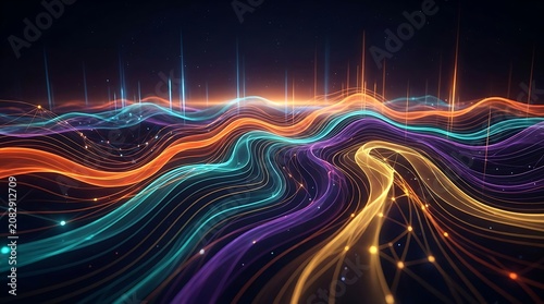 Abstract data flow landscape with glowing lines and network connections