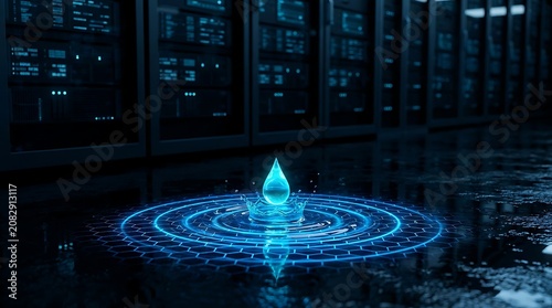 Data drop blue water splash in server room with hexagonal grid