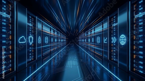 Futuristic server room with neon lit data storage and security icons