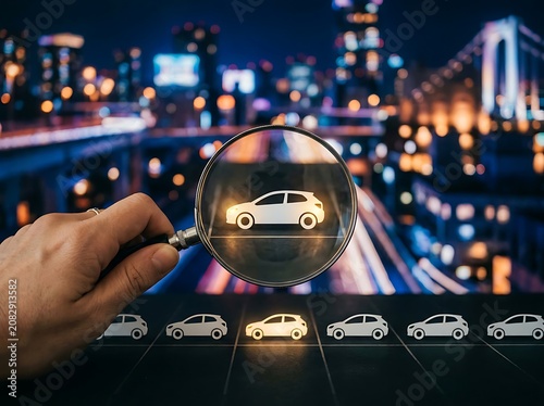 Person holding futuristic transparent smartphone in cityscape.