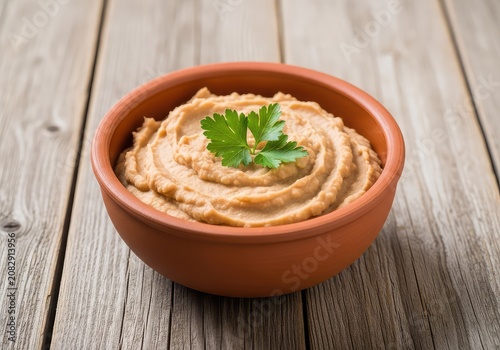 Creamy refried beans served in a rustic terracotta bowl, topped with a fresh green parsley garnish on a weathered wooden table background, nutrition, snack, side dish