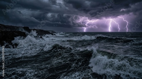 Dramatic Ocean Storm with Lightning Strikes Over Crashing Waves.