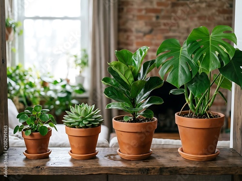 Potted Houseplants on Sunny Windowsill.