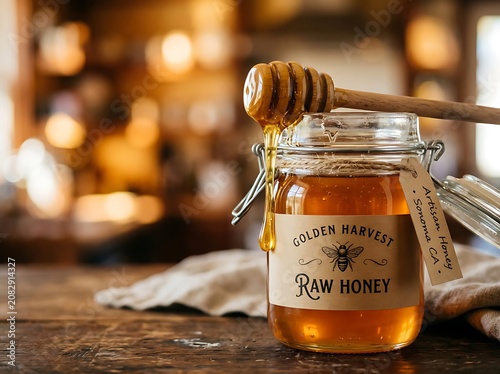 Golden Raw Honey Jar with Dripping Honey and Wooden Dipper.