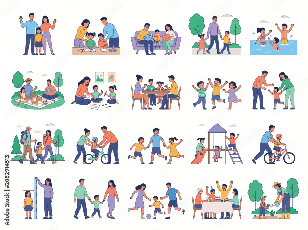 Fototapeta premium Modern Flat Vector Collection of Family Lifestyle, Parenting and Children's Activities