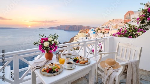 Romantic seaside breakfast terrace overlooking a coastal village at sunrise, featuring fresh food, flowers, and panoramic Mediterranean ocean views.
