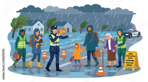 Police officer evacuating citizens during a heavy rainstorm emergency.