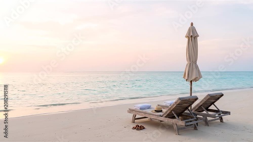 Empty luxury beach loungers with umbrella facing the calm sea at sunrise, creating a peaceful tropical vacation and relaxation concept.