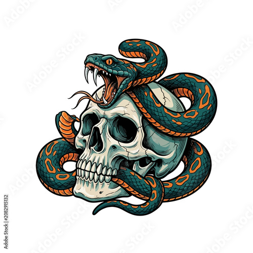 Foto A detailed illustration of a snake with fangs wrapped around a human skull, in a tattoo art style