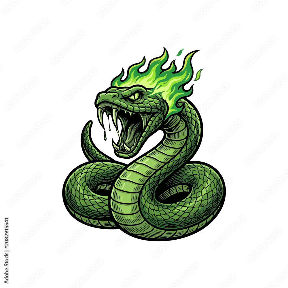 Fototapeta premium A fierce green snake with glowing green flames on its head, coiled and ready to strike, depicted in a stylized illustration.