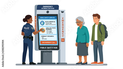 Police officer helping citizens at a public safety kiosk.