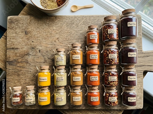 Assorted Spices in Glass Jars on Wooden Board.