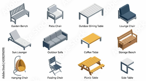 Collection of various outdoor furniture sets.
