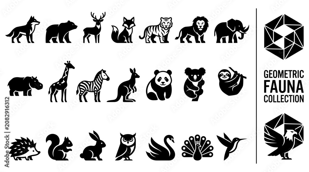 Obraz premium Set of diverse wild animal silhouette icons for modern graphic design and minimalist brand identity patterns and creative projects