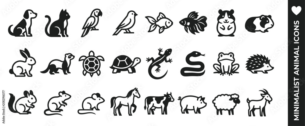 Fototapeta premium Minimalist animal silhouette collection featuring domestic pets, wildlife, and farm animal vector icons