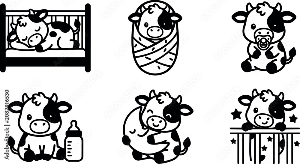 Fototapeta premium Black and white baby cow collection with nursery objects and sleeping poses