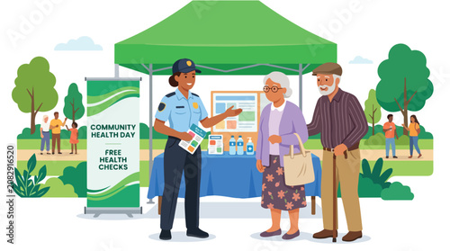 A community police officer interacting with elderly citizens at a health awareness booth.