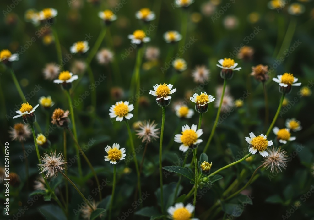 Fototapeta premium Close-up of numerous small white and yellow wildflowers known as Galinsoga parviflora, blooming vigorously in a sunny field, groundcover, field, green