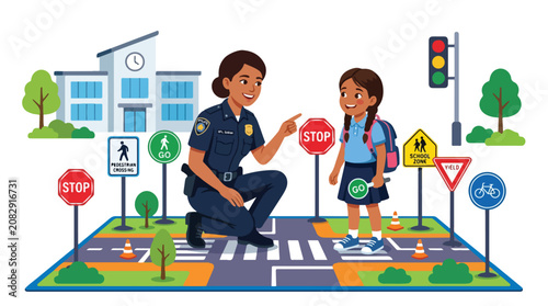 Police officer teaching a young schoolgirl about road safety rules.