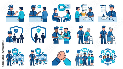 Set of community policing and law enforcement officers helping citizens.