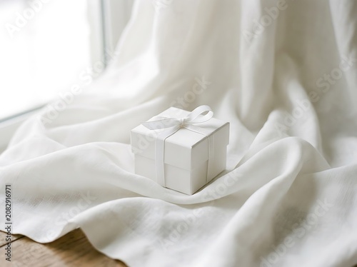 White Gift Box on Soft Fabric Background.