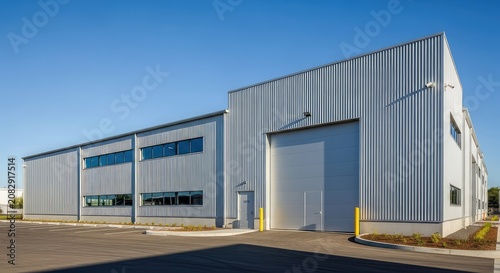 This contemporary industrial structure showcases a sleek corrugated metal exterior and a single large garage door in a minimal style, construction, logistics, structure