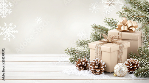 Elegant Christmas gifts wrapped with ribbons, pinecones, and evergreen branches on a white wooden surface with snowflake decorations in the background.