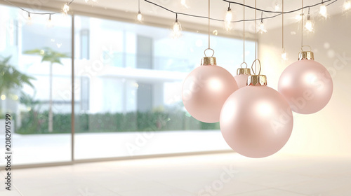 A bright, modern room decorated with soft pink Christmas ornaments and string lights, featuring large glass windows overlooking a peaceful outdoor scene.