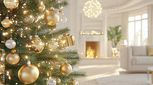 A beautifully decorated Christmas tree with gold and silver ornaments stands in a cozy, warmly lit living room featuring a fireplace and soft furnishings.