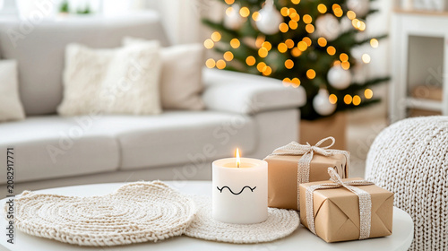 Cozy living room with a lit candle, wrapped gifts on a table, and a decorated Christmas tree blurred in the background.