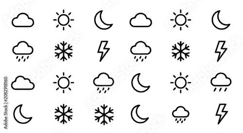 Bild auf Leinwand Weather icons depicting various conditions including sun, moon, clouds, rain, snow, and lightning in a simple line style illustration