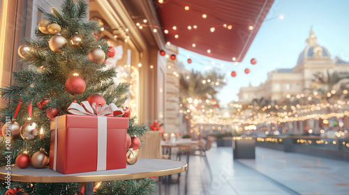 A festive Christmas tree adorned with gold and red ornaments beside a wrapped gift box, set against a softly lit outdoor urban backdrop with holiday decorations.