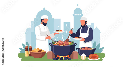 Muslim Men Preparing Large Communal Meal for Charity During Ramadan or Eid - Vector Illustration